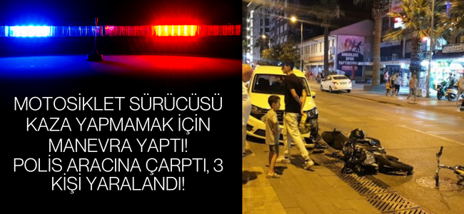 Motosiklet sürücüsü bisikletliye çarpmamak için manevra yaptı, polis aracına çarpmaktan kurtulamadı! 3 kişi yaralandı!